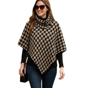 Last Kiss Women's XL Black White Houndstooth Poncho Cape Cowl Neck